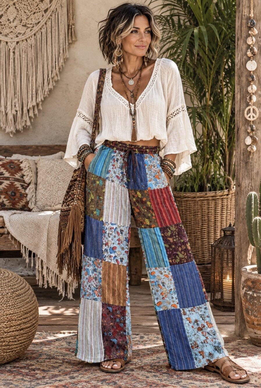 New Kathmandu Patchwork Style Bohemian Pants M/L Elastic Waist Lightweight